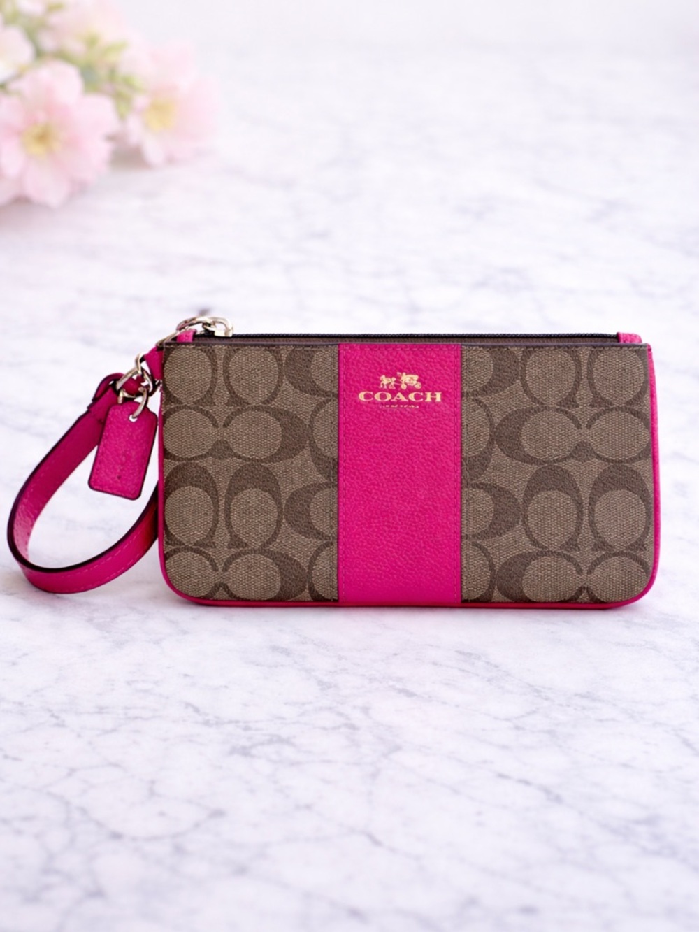 COACH Signature Stripe Zip Wristlet Wallet Monogram Canvas Dust Bag Auth Card